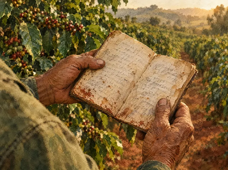 Mãos de produtor segurando um caderno de campo de papel manchado de terra, no meio do cafezal