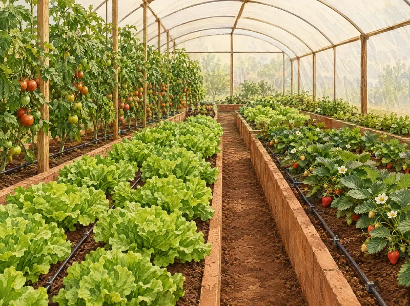 Interior de uma estufa orgânica com canteiros de alface, tomate e morango
