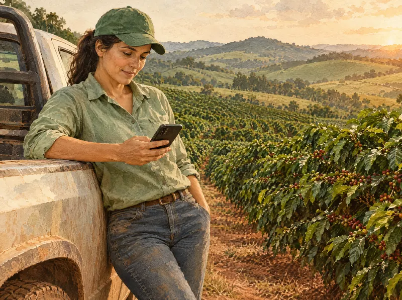 Técnica agrícola encostada numa caminhonete na beira do cafezal, olhando o celular