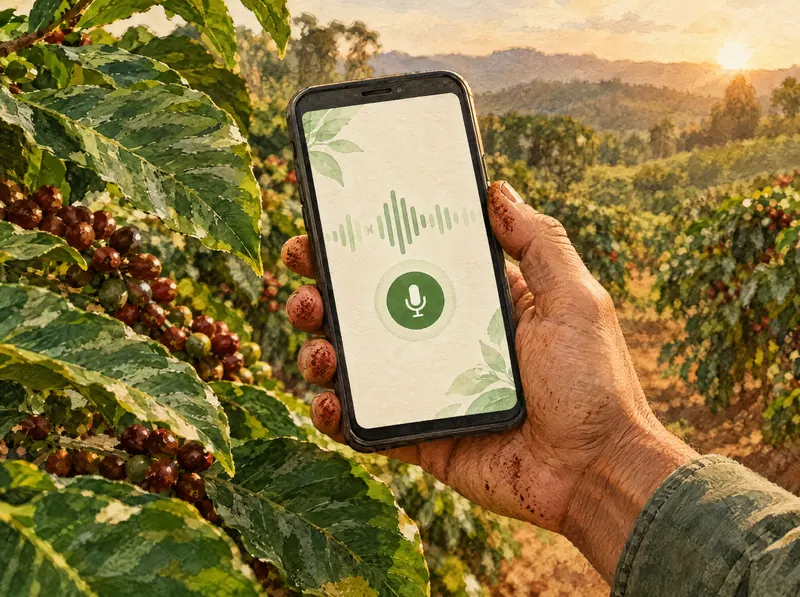 Mão com terra segurando um celular no cafezal, gravando um áudio